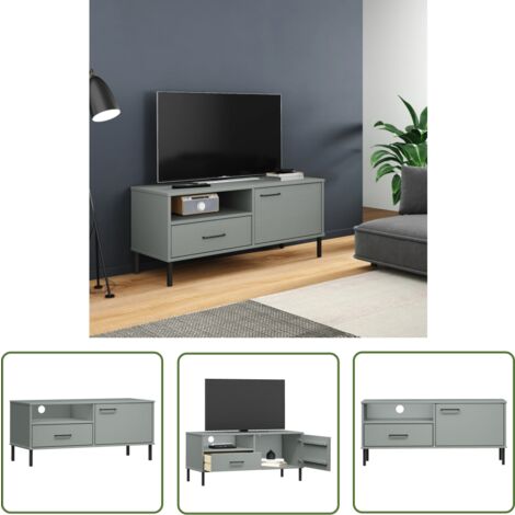 The Living Store Meuble TV avec pieds en métal Gris Bois de pin massif OSLO - Meuble Tv - Meuble Téléviseur - Rangement Tv - Unité Tv - Support Tv