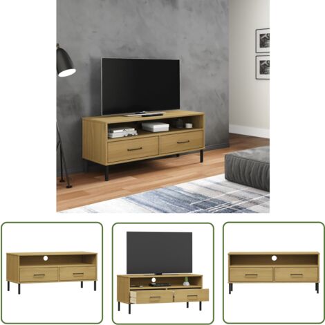 The Living Store Meuble TV avec pieds en métal Marron Bois de pin massif OSLO - Meuble Tv - Meuble Téléviseur - Rangement Tv - Unité Tv - Support Tv
