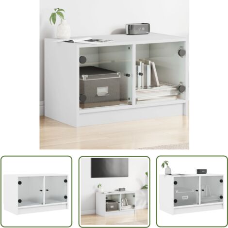 The Living Store Meuble TV avec portes en verre blanc 68x37x42 cm - Meubles Tv - Meuble Tv - Support Tv - Unité Tv - Meuble Moderne