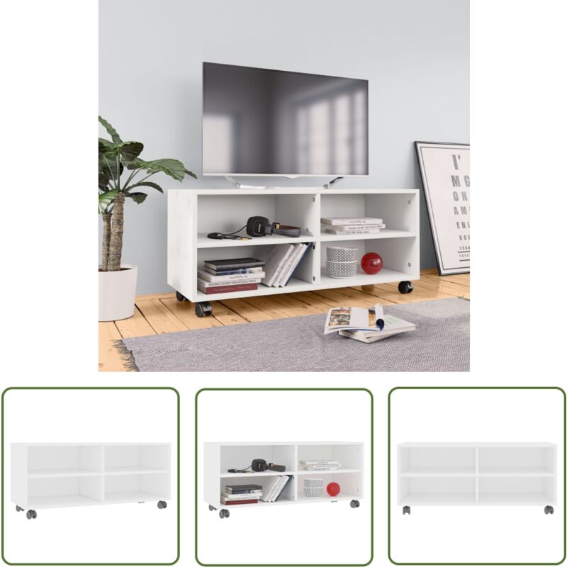 Meuble tv avec roulettes Blanc 90x35x35 cm Bois d'ingénierie - Meuble Tv - Meuble Téléviseur - Rangement Tv - Unité Tv - Support Tv - The Living Store