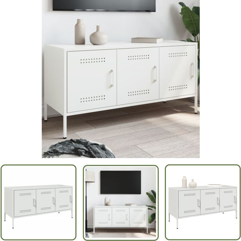 Meuble tv blanc 100,5x39x50,5 cm acier - Meubles Tv - Meuble Tv Industriel - Meuble Tv Blanc - Support Tv Mural - Rangement Tv - The Living Store