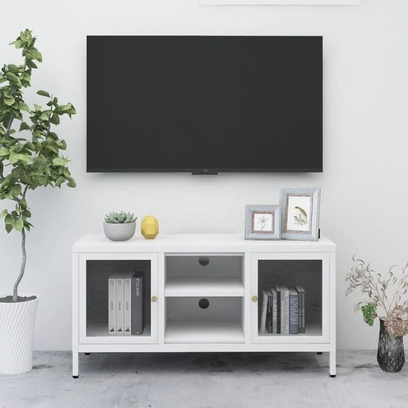 Meuble TV Blanc 105x35x52 cm Acier et verre - The Living Store