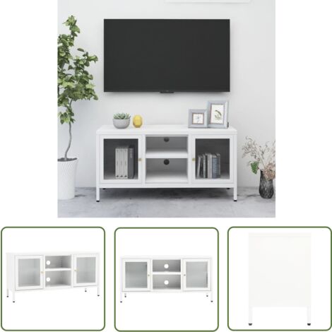 The Living Store Meuble TV Blanc 105x35x52 cm Acier et verre - Meubles Tv - Meuble Tv - Support Tv - Unit Tv - Meuble Salle Séjour