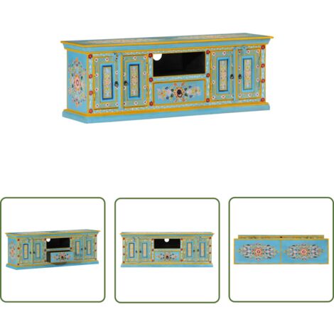 The Living Store Meuble TV bleu 110x30x40 cm bois massif de manguier - Meuble Tv Retro - Meuble Tv Bois - Meuble Tv Design - Meubles Tv Vintage - Armoire Multimedia