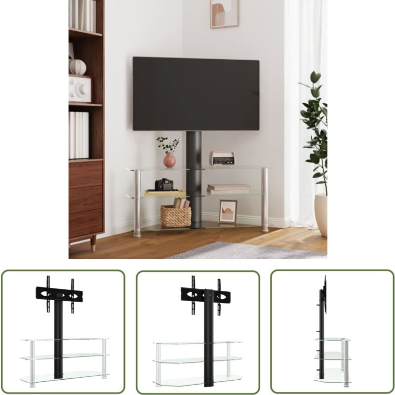 The Living Store Meuble TV d'angle 3 niveaux pour 32-70 pouces noir et argenté - Meuble Tv D'angle - Meuble Tv Avec Étagères - Support Tv Pivotant