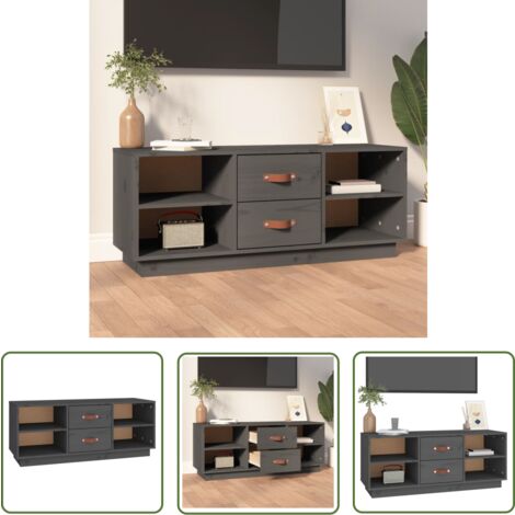 The Living Store Meuble TV Gris 100x34x40 cm Bois de pin massif - Meubles Tv - Meuble Tv - Support Tv - Unité Tv - Bois Massif