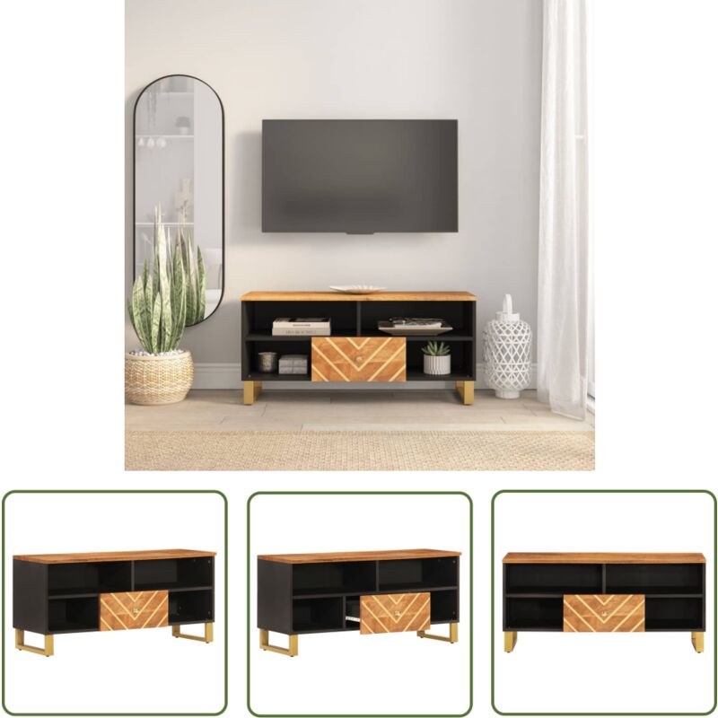 The Living Store - Meuble tv marron et noir 100x33,5x46 cm bois massif de manguier - Meubles Tv - Meuble Tv - Meuble Multimedia - Buffet Tv