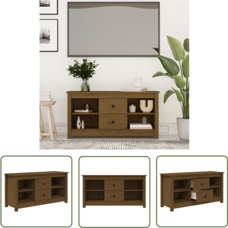 The Living Store Meuble TV Marron miel 103x36,5x52 cm Bois de pin massif - Meuble Tv - Meuble Téléviseur - Meuble Salon - Rangement Tv - Support Tv