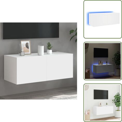 The Living Store Meuble TV mural avec lumières LED blanc 80x35x31 cm - Meuble Tv Mural - Armoire Tv - Étagère Murale - Éclairage Led - Design Moderne