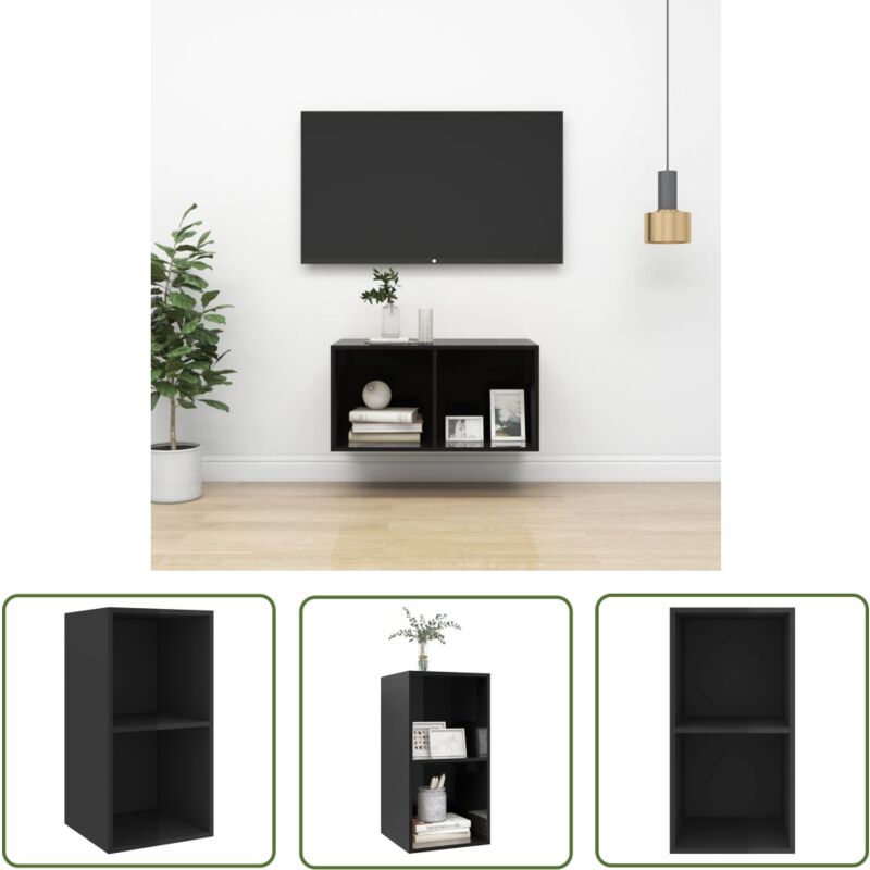 The Living Store - Meuble tv mural Noir brillant 37x37x72 cm Bois d'ingénierie - Meuble Tv Mural - Armoire Tv Murale - Meuble Tv Suspendu - Étagère