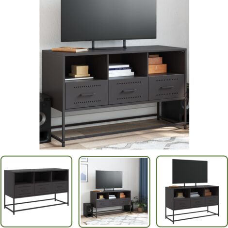 The Living Store Meuble TV noir 100,5x39x60,5 cm acier - Meubles Tv - Meuble Tv Industriel - Meuble Tv Noir - Étagère Téléviseur - Rangement Tv
