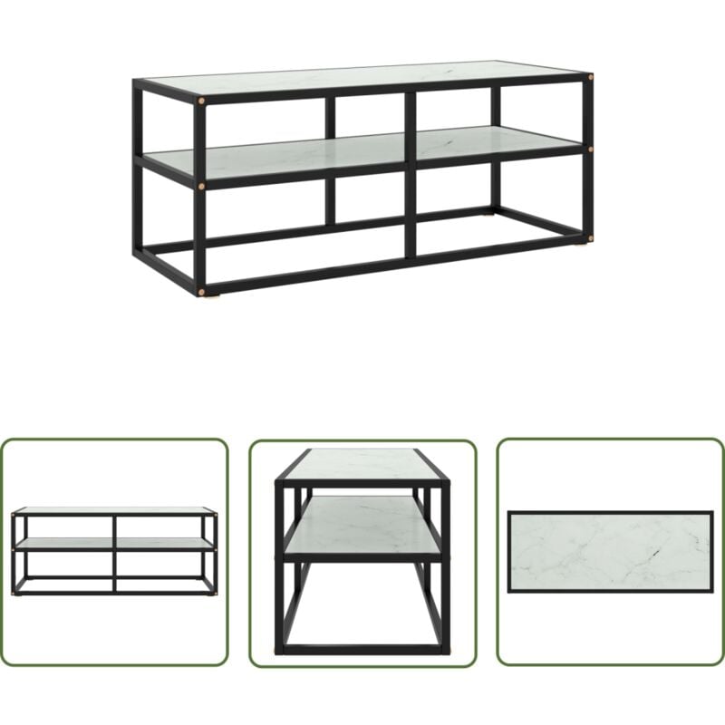 Meuble tv noir avec verre marbre blanc 100x40x40 cm - Meuble Tv - Meuble Audio - Étagère Murale - Support Téléviseur - Télévision - The Living Store