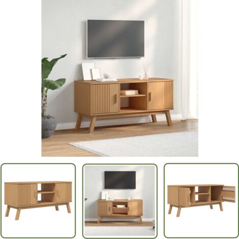 The Living Store Meuble TV OLDEN marron 114x43x57 cm bois de pin massif - Meuble Tv Scandinave - Meuble Tv Bois - Meuble Tv Moderne - Meuble Tv Rangement - Meuble Tv Brun