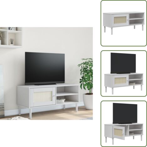 The Living Store Meuble TV SENJA aspect rotin blanc 106x40x49cm bois massif pin - Meuble Tv - Meuble Téléviseur - Meuble Tv Moderne - Meuble Tv Design - Meuble Tv Blanc