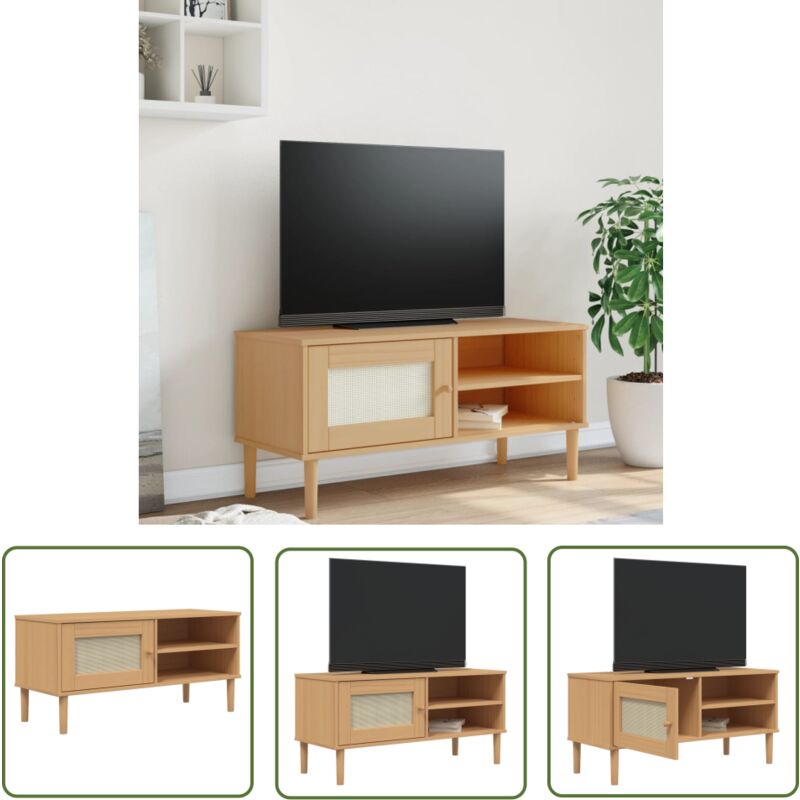 The Living Store - Meuble tv senja aspect rotin marron 106x40x49cm bois massif pin - Meuble Tv - Meuble Salon - Meuble Tv Moderne - Meuble Tv Design