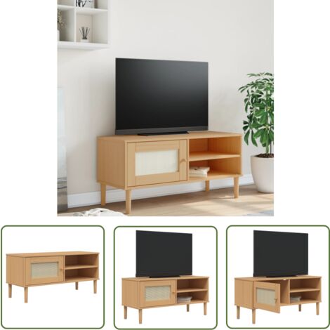 The Living Store Meuble TV SENJA aspect rotin marron 106x40x49cm bois massif pin - Meuble Tv - Meuble Salon - Meuble Tv Moderne - Meuble Tv Design - Meuble Tv Industriel