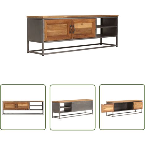 The Living Store Meuble TV Teck recyclé et acier 120x30x40 cm - Meubles Tv - Meuble Tv Rustique - Meuble Tv Design - Meuble Tv Avec Rangement - Meuble Tv Industrielle