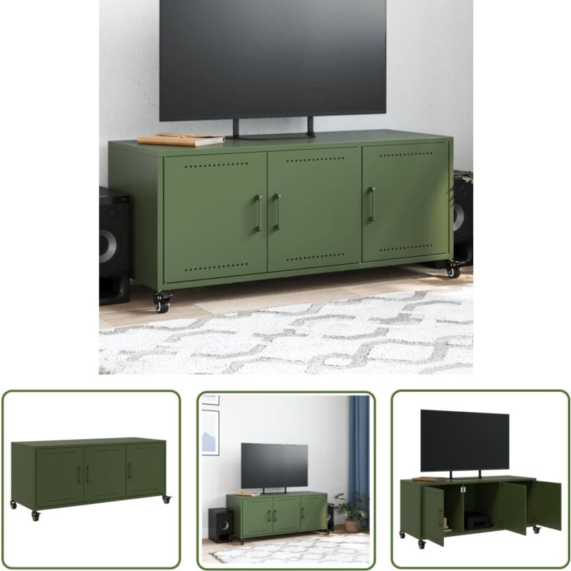 Meuble tv vert olive 100,5x39x43,5 cm acier - Meubles Tv - Meuble Tv - Support Tv - Unité Tv - Rangement Tv - The Living Store