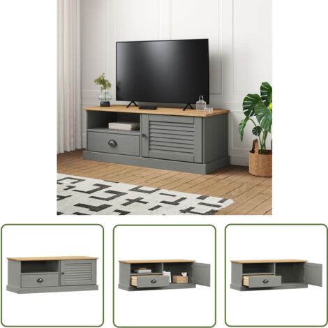 The Living Store Meuble TV VIGO gris 106x40x40 cm bois massif de pin - Meuble Tv - Meuble Téléviseur - Support Tv - Buffet Tv - Bois Massif