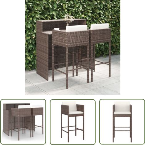The Living Store Meubles de bar de jardin 3pcs et coussins Résine tressée Marron - Ensemble Salon De Jardin - Mobilier De Jardin - Set De Bar Extérieur - Table De Bar - Chaises De Bar