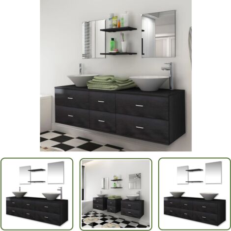 The Living Store Meubles de salle de bain 9 pcs avec lavabo et robinet Noir - Meuble De Salle De Bain - Ensemble De Salle De Bain - Lavabo Mural - Rangement Salle De Bain - Tiroir Salle De Bain