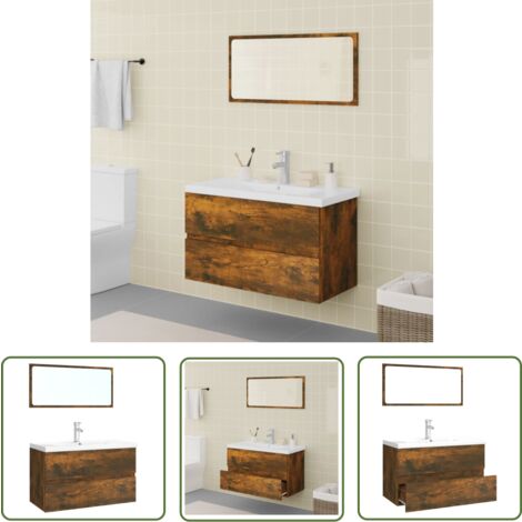 The Living Store Meubles de salle de bain Chêne fumé Bois d'ingénierie - Ensemble De Meubles Salle De Bain - Meuble Vasque - Meuble Lavabo - Armoire Salle De Bain - Miroir Salle De Bain