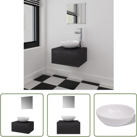 The Living Store Meubles de salle de bains trois pièces Noir - Meuble De Salle De Bain - Ensemble Salle De Bain - Lavabo Suspendu - Miroir Salle De Bain - Rangement Salle De Bain