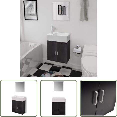 The Living Store Meubles de salle de bains trois pièces Noir - Meuble De Salle De Bain - Ensemble Salle De Bain - Lavabo Suspendu - Miroir Salle De Bain - Rangement Salle De Bain