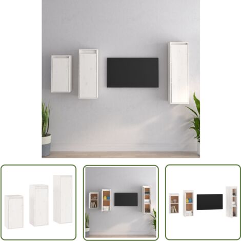 The Living Store Meubles TV 3 pcs Blanc Bois massif de pin - Meuble Tv - Meuble Suspendu - Rangement Mural - Bibliothèque Murale - Décoration Murale