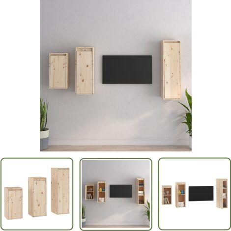 The Living Store Meubles TV 3 pcs Bois massif de pin - Meuble Tv - Meuble Suspendu - Rangement Mural - Bibliothèque Murale - Décoration Murale