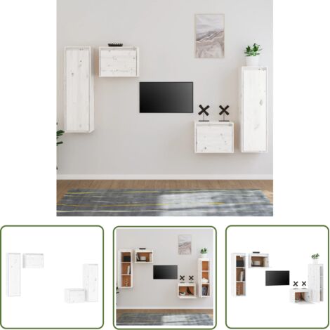 The Living Store Meubles TV 4 pcs Blanc Bois massif de pin - Meuble Tv - Meuble Suspendu - Rangement Mural - Bibliothèque Murale - Décoration Murale