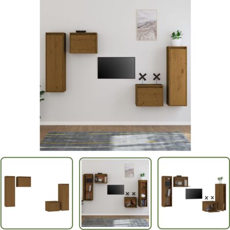 The Living Store Meubles TV 4 pcs Marron miel Bois massif de pin - Meuble Tv - Meuble Suspendu - Rangement Mural - Bibliothèque Murale - Décoration Murale
