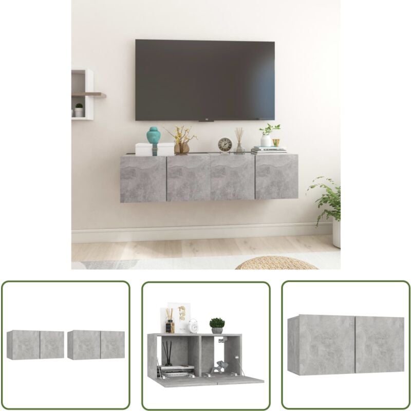 Meubles tv suspendus 2 pcs Gris béton 60x30x30 cm - Meuble Tv Mural - Meuble Tv Suspendu - Rangement Salon - Unit Tv - Meubles Gris - The Living Store