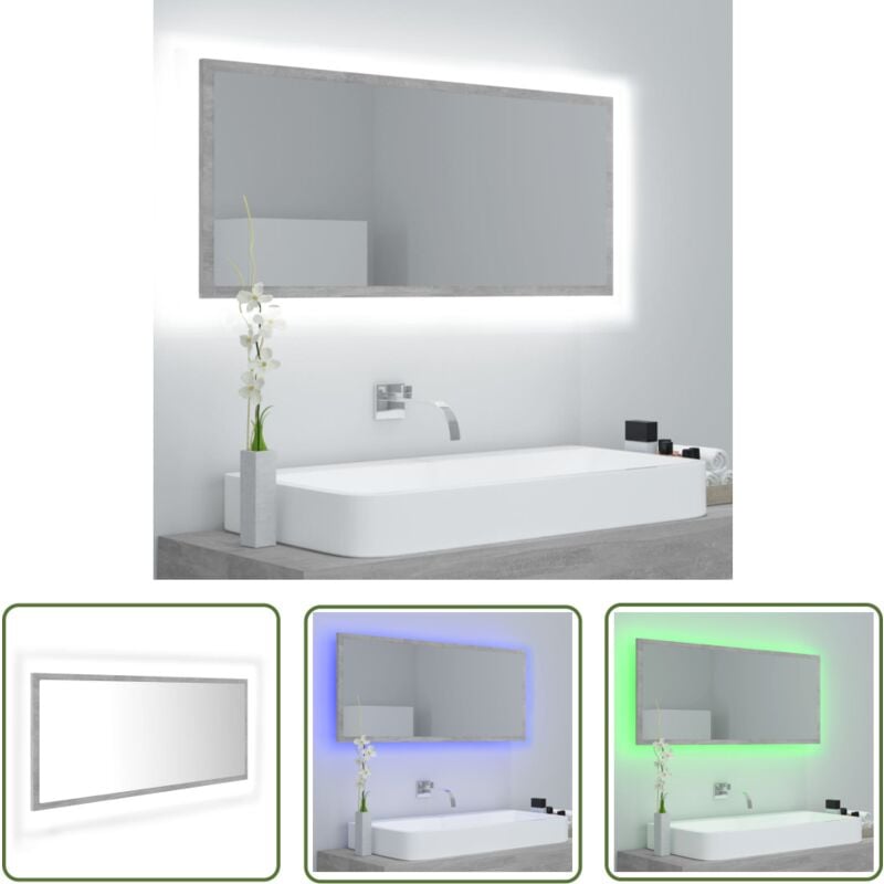Devenirriche - The Living Store Miroir à led de salle de bain Gris béton 100x8,5x37cm Acrylique - Miroir Led - Miroir Salle De Bain - Meuble Salle De