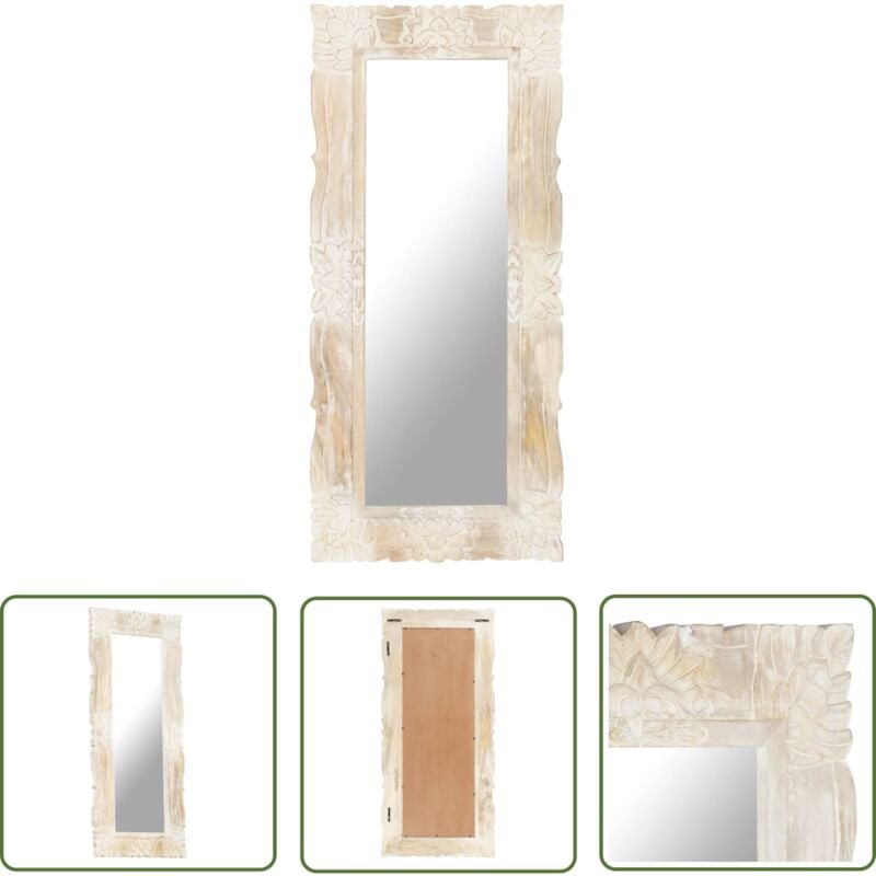 The Living Store - Miroir Blanc 110x50 cm Bois de manguier massif - Miroir Décoratif - Miroir Mural - Miroir Design - Miroir Bois - Miroir Salle De