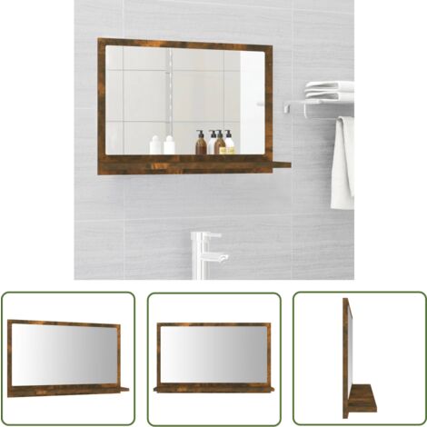 The Living Store Miroir de bain Chêne fumé 60x10,5x37 cm Bois d'ingénierie - Miroir De Salle De Bain - Miroir Mural - Meuble De Salle De Bain - Étagère Murale - Décoration Salle De Bain