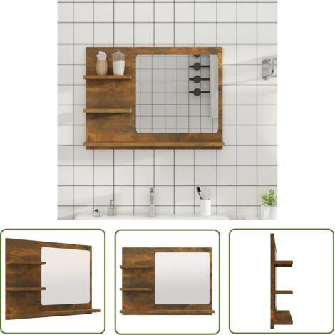 The Living Store Miroir de bain Chêne fumé 60x10,5x45 cm Bois d'ingénierie - Miroir De Salle De Bain - Meuble Lavabo - Miroir Mural - Rangement Salle De Bain - Miroir Design