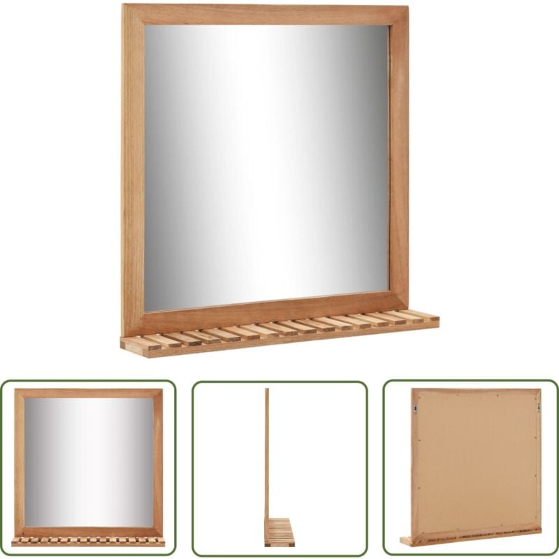 The Living Store - Miroir de salle de bain 60 x 12 x 62 cm Bois de noyer massif - Miroir Salle De Bain - Miroir Décoratif - Miroir Avec Étagère