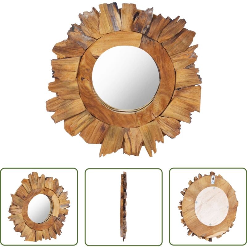 The Living Store - Miroir mural 40 cm Teck Rond - Miroir Rond - Miroir Décoratif - Miroir Vintage - Miroir En Teck - Miroir Mural