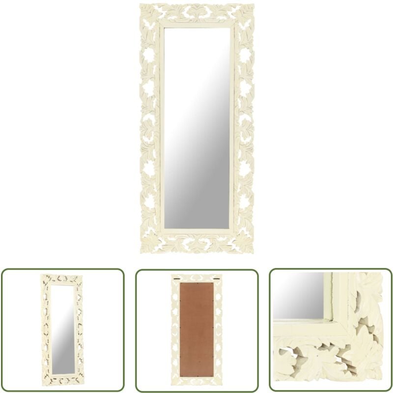 The Living Store - Miroir sculpté à la main Blanc 110x50cm Bois de manguier massif - Miroir Décoratif - Miroir Mural - Miroir Design - Miroir Bois
