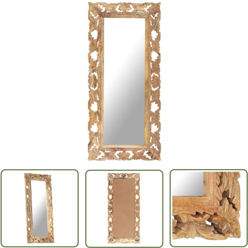 The Living Store - Miroir sculpté à la main Marron 110x50 cm Bois de manguier - Miroir Décoratif - Miroir Mural - Miroir En Bois - Miroir Design