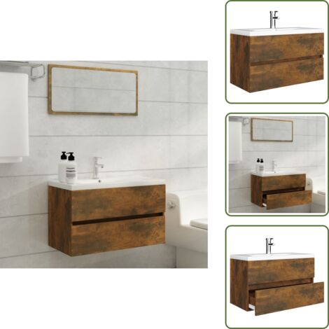 The Living Store Mobile Bagno con Lavabo Integrato Rovere Fumo Legno Multistrato - Lavabo da incasso