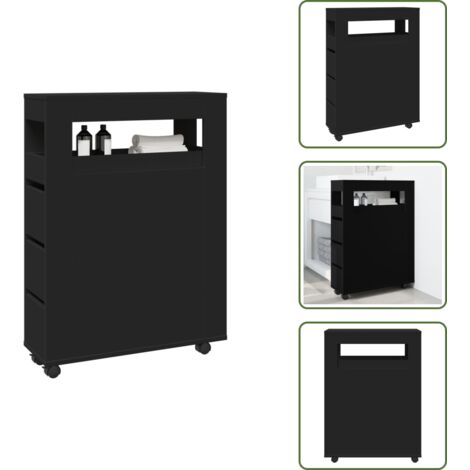 The Living Store Mobile da Bagno Stretto con Ruote Nero in Truciolato - Mobile da bagno stretto