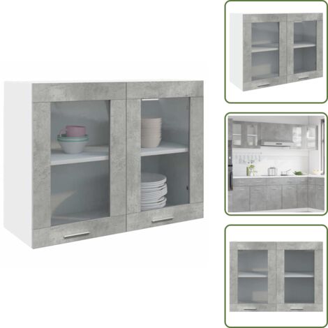 The Living Store Mobile Pensile con Vetro “Lyon” Grigio Cemento 80x31x60 cm - Credenza in rovere