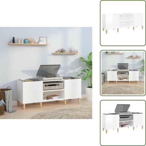 The Living Store Mobile Porta Dischi Bianco Lucido 121x38x48cm Legno Multistrato - Mobile per dischi vinili