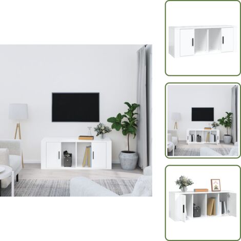 The Living Store Mobile Porta TV Bianco Lucido 100x35x40 cm in Legno Multistrato - TV Stand