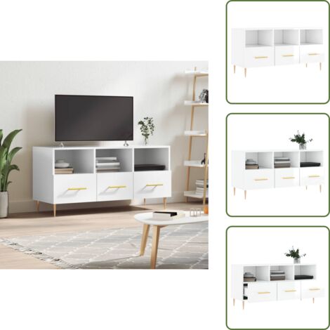 The Living Store Mobile Porta TV Bianco Lucido 102x36x50 cm in Legno Multistrato - TV Stand
