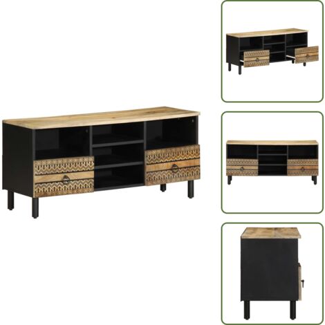 The Living Store Mobile Porta TV Nero 100x33,5x46 cm Legno Massello Mango Grezzo - Armadio TV