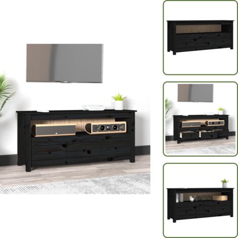 The Living Store Mobile Porta TV Nero 114x35x52 cm in Legno Massello di Pino - Mobile TV in pino
