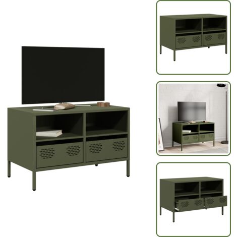 The Living Store Mobile TV Verde Oliva 68x39x43,5cm in Acciaio Laminato a Freddo - Armadio TV